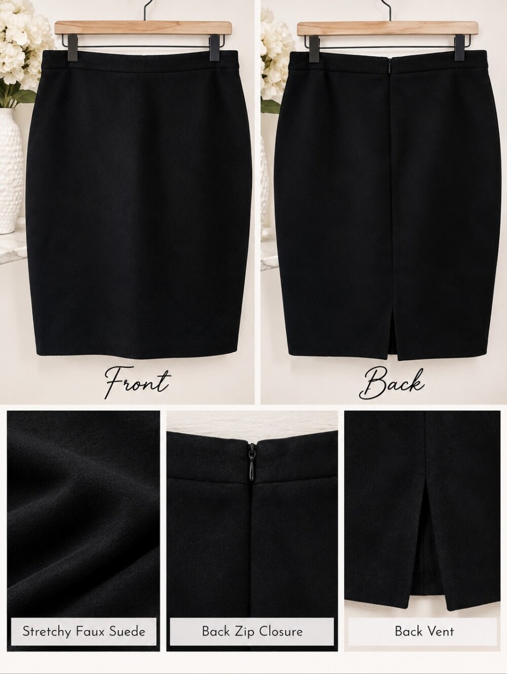 Faux Suede Classic Black Pencil Skirt | Stretch | Office Career Chic | Size 14 | - Picture 6 of 10